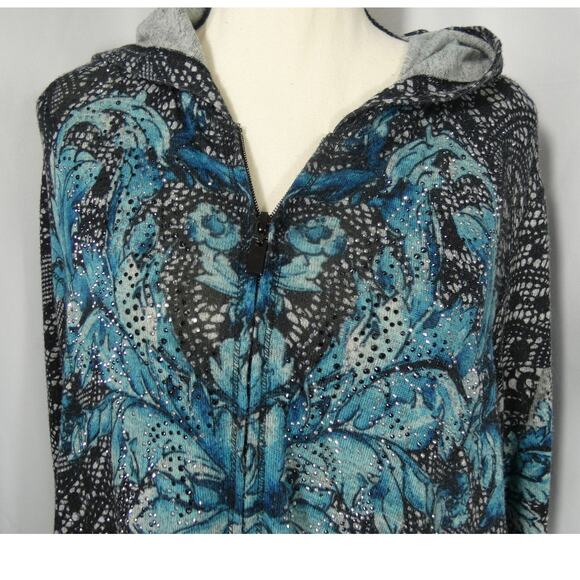 Onque Woman 1X Hooded Zippered Shirt Rhinestones Colorful Casual Plus - Picture 2 of 7